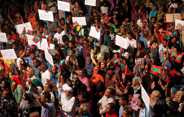 Opposition supporters protest against the government's delay in releasing their jailed leaders in Male, Maldives